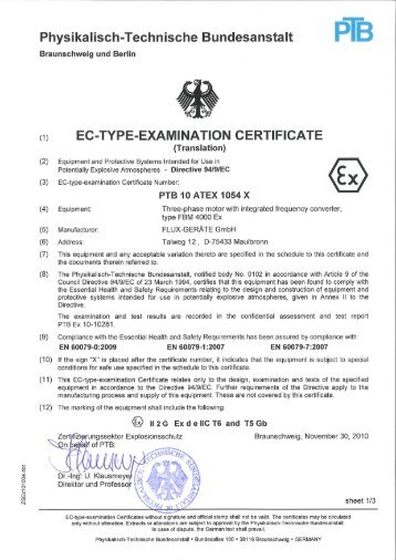 Ec-Type-Examination Certificate PTB 10 ATEX ... - Flux Geräte Gmbh