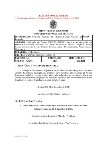 Parecer CNE/CES nÂº 1.363, de 12 de dezembro de 2001