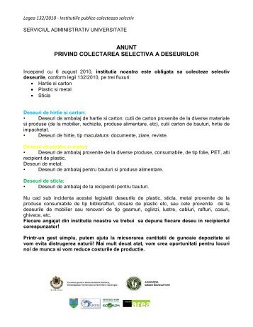 anunt privind colectarea selectiva a deseurilor - Dunarea de Jos