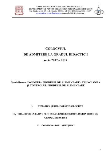 COLOCVIUL DE ADMITERE LA GRADUL DIDACTIC I seria 2012