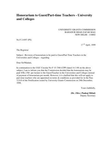 Honorarium to Guest/Part-time Teachers - University and ... - UGC