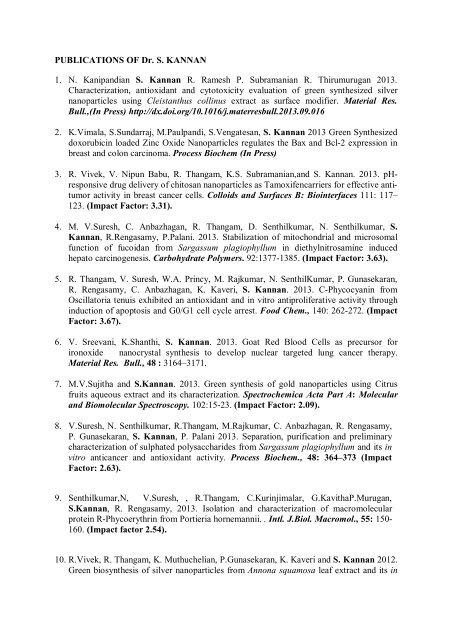 PUBLICATIONS OF Dr. S. KANNAN 1. N. Kanipandian S. Kannan R ...