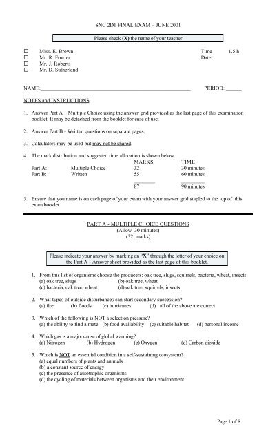 Page 1 of 8 SNC 2D1 FINAL EXAM â JUNE 2001 Please check (X ...