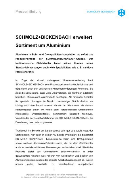SCHMOLZ+BICKENBACH erweitert Sortiment um Aluminium - Ugitech