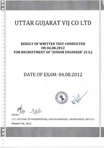 Result of written test conducted on 04/08/2012 for Jr. Engineer (VS)