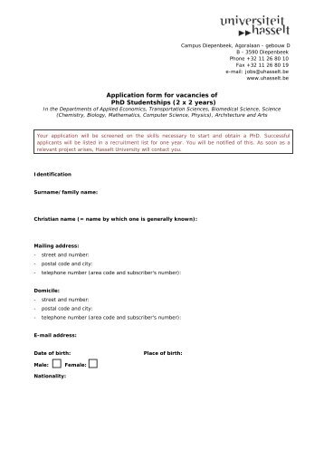 Application form for vacancies of PhD Studentships (2 x 2 ... - UHasselt