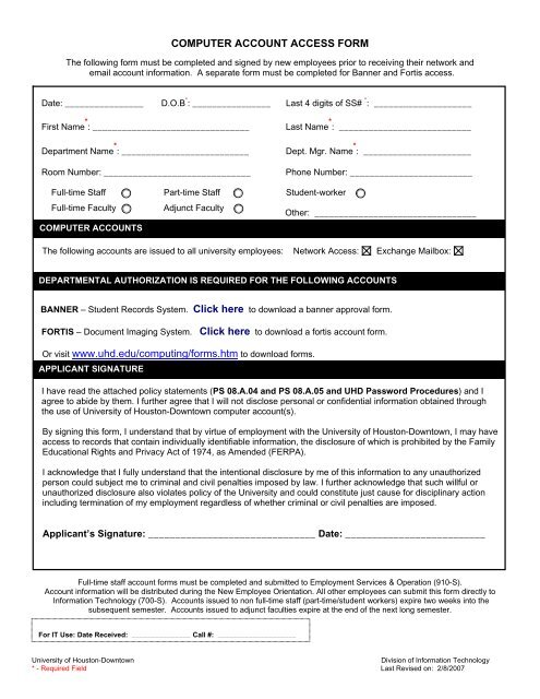 Computer Account Access Form The University Of Houston Downtown