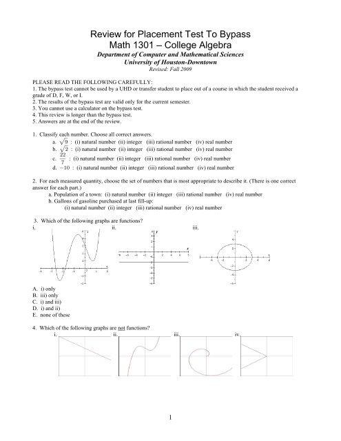 Review For Placement Test To Bypass Math 1301 A College Algebra