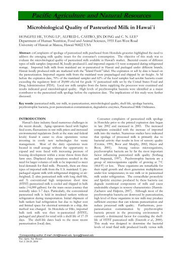 Microbiological Quality of Pasteurized Milk in Hawai`i - University of ...