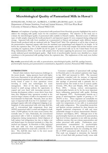 Microbiological Quality of Pasteurized Milk in Hawai`i - University of ...