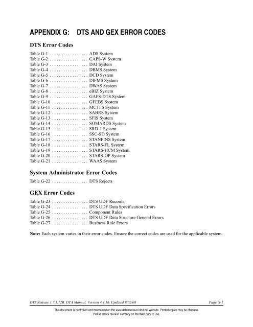 APPENDIX G: DTS and GEX Error Codes