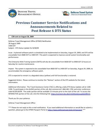 Previous Customer Service Notifications and ... - DTMO