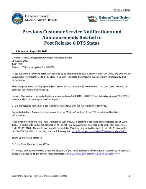 Previous Customer Service Notifications and ... - DTMO