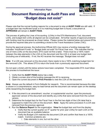 Document Remaining at Audit Pass and "Budget does not exist"