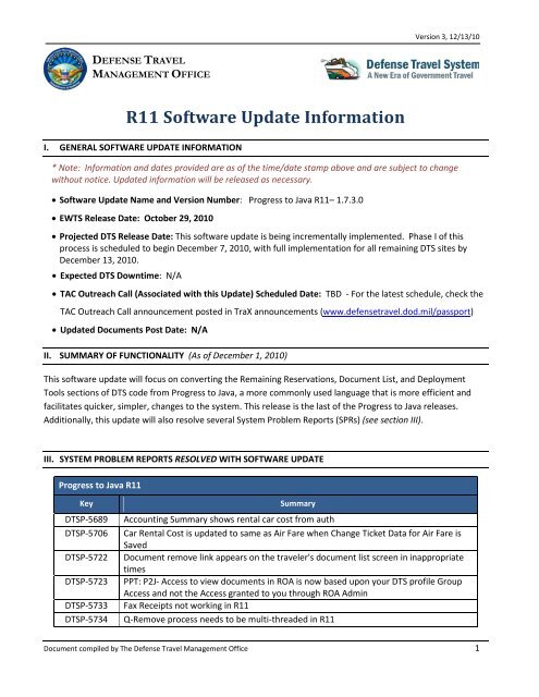 R11 Software Update Information – Defense Travel Management