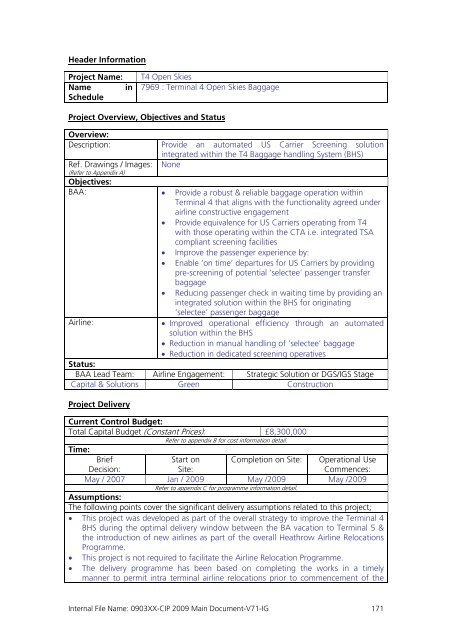 Capital Investment Plan 2009 - Heathrow Airport