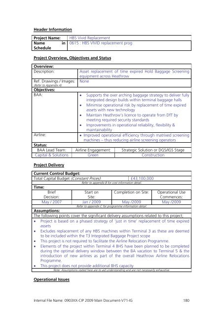 Capital Investment Plan 2009 - Heathrow Airport