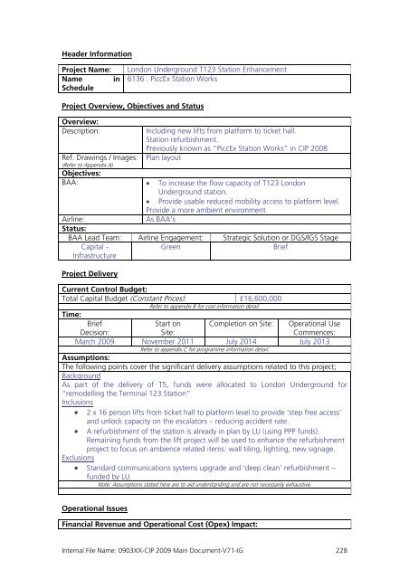 Capital Investment Plan 2009 - Heathrow Airport