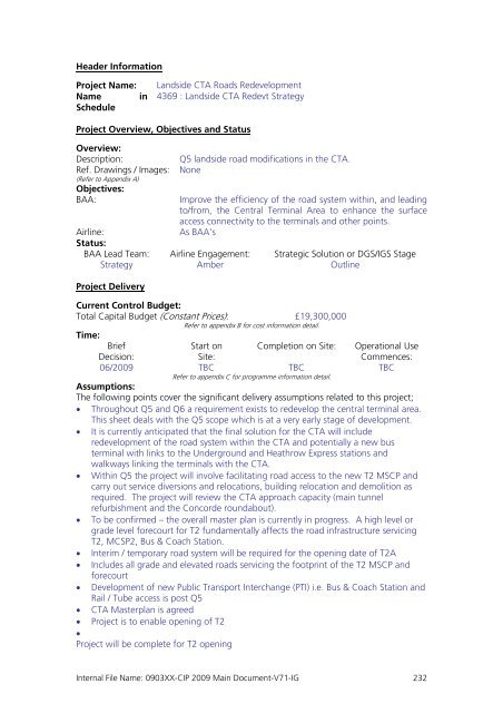 Capital Investment Plan 2009 - Heathrow Airport