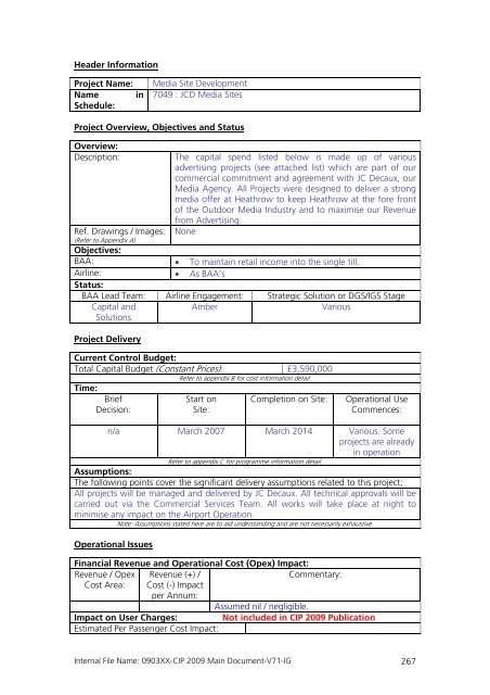 Capital Investment Plan 2009 - Heathrow Airport