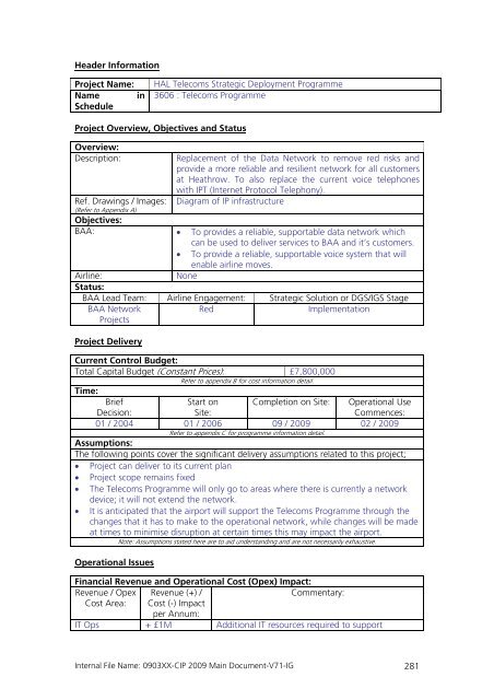 Capital Investment Plan 2009 - Heathrow Airport