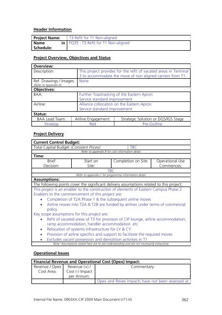 Capital Investment Plan 2009 - Heathrow Airport