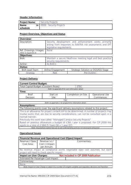 Capital Investment Plan 2009 - Heathrow Airport