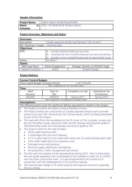 Capital Investment Plan 2009 - Heathrow Airport