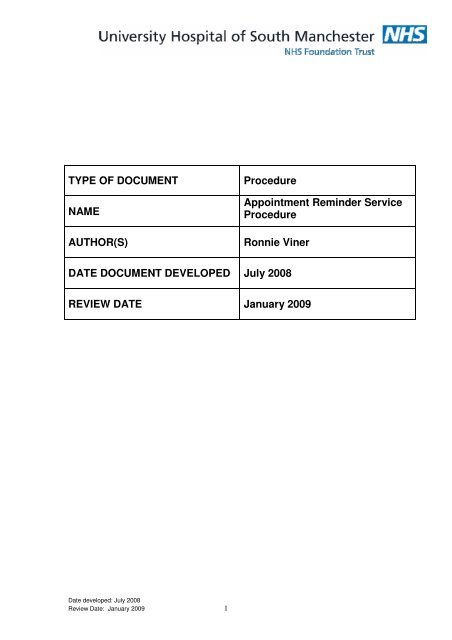 Appointment Reminder Service Procedure V1.00 - UHSM