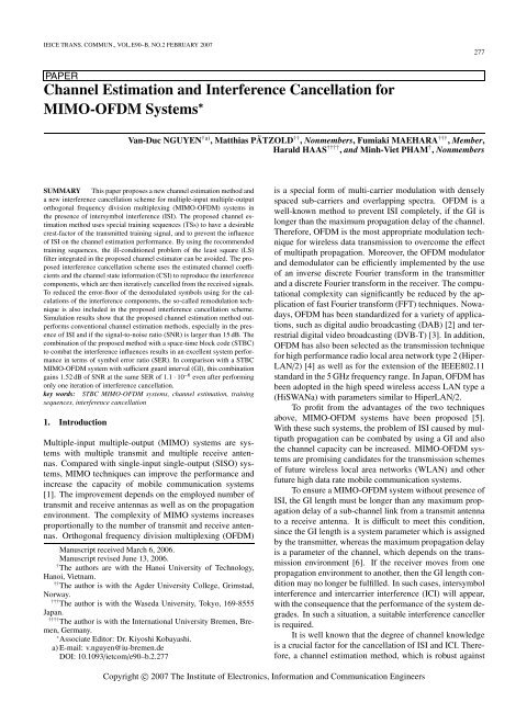 Channel Estimation and Interference Cancellation for MIMO-OFDM ...