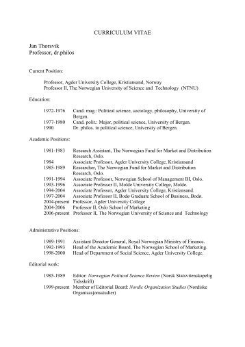 CURRICULUM VITAE Jan Thorsvik Professor, dr.philos