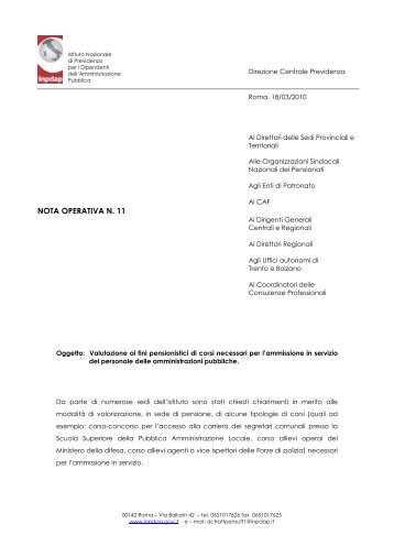 Nota Operativa n. 11 del 18/03/2010