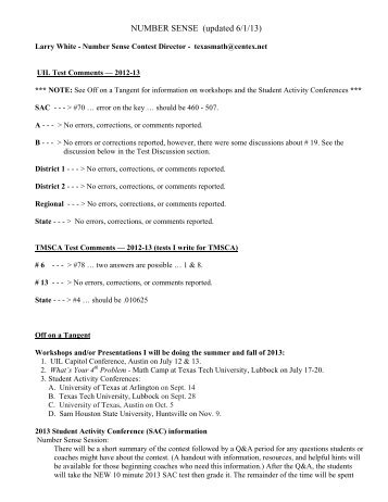 2012-2013 Number Sense Test Corrections and Comments