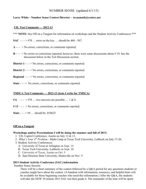 2012-2013 Number Sense Test Corrections and Comments
