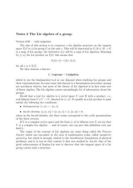 Notes 3 The Lie algebra of a group.