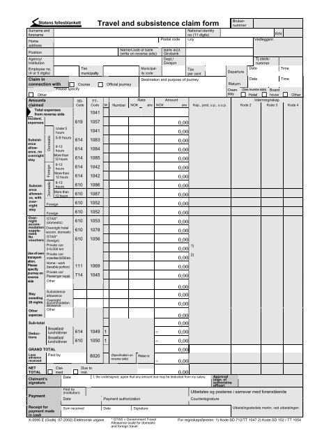 Travel and subsistence claim form - NTNU