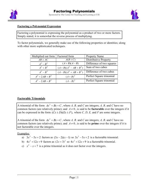 Factoring Trinomials Sign Chart