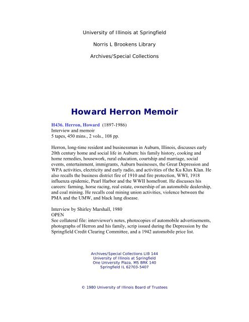 Howard Herron Memoir - University of Illinois Springfield