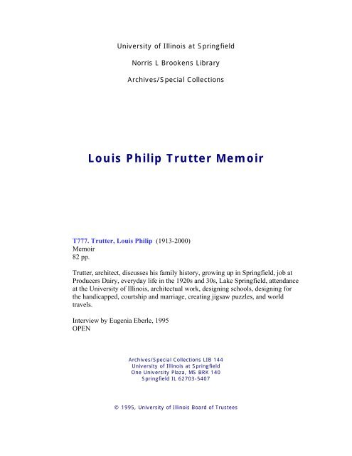 Louis Philip Trutter Memoir - University of Illinois Springfield