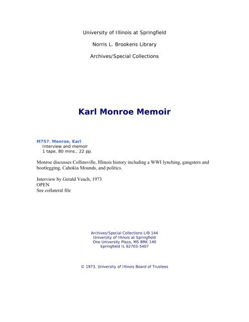 Karl Monroe Memoir - University of Illinois Springfield
