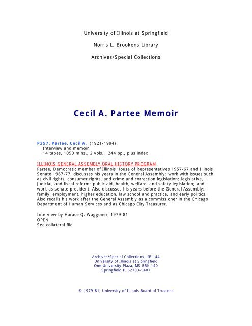 Cecil A. Partee Memoir - University of Illinois Springfield