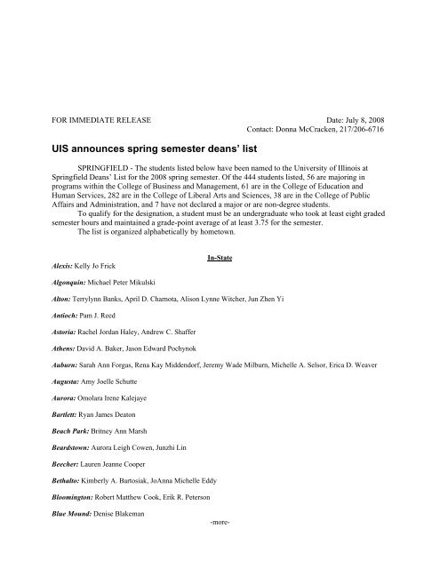 UIS announces spring semester deans' list - University of Illinois ...