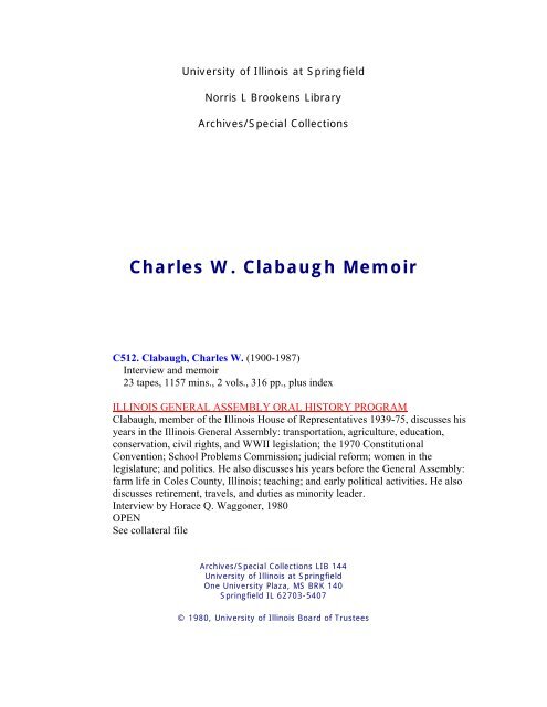 Charles W. Clabaugh Memoir - University of Illinois Springfield