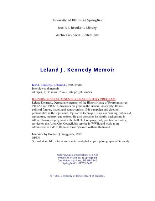 Leland J. Kennedy Memoir - University of Illinois Springfield