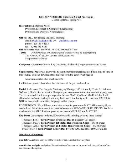 ECE 557/NEUR 521: Biological Signal Processing Course Syllabus ...