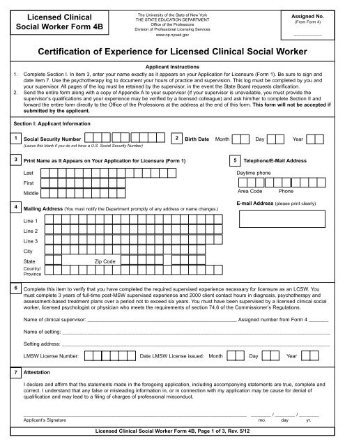 Certification of Experience for Licensed Clinical Social Worker