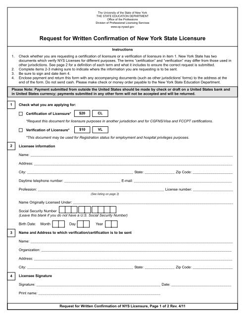 Request for Written Confirmation of NYS Licensure - Office of the ...