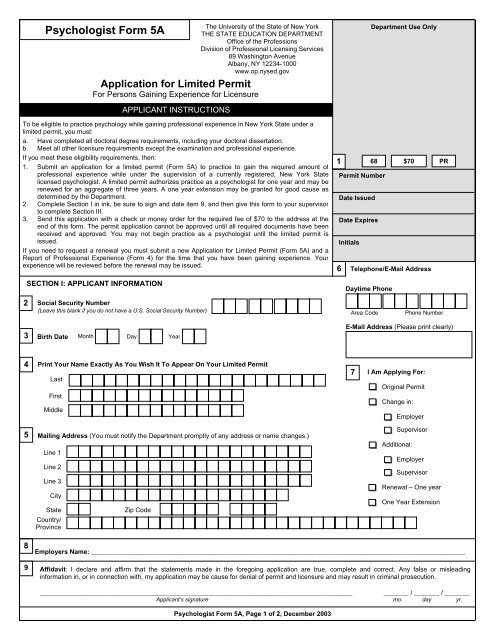 Psychologist Form 5A - Office of the Professions - New York State ...