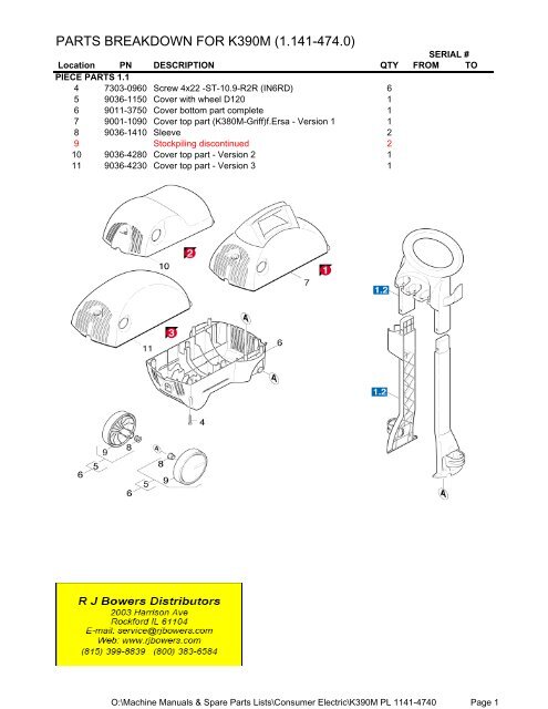 PARTS BREAKDOWN FOR K390M (1.141-474.0)