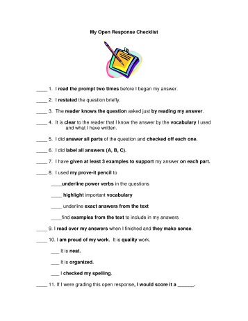 My Open Response Checklist ____ 1. I read the prompt two times ...